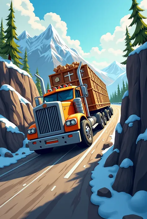 Pls make a heavy loaded truck on mountain rood like made on canva make it cartoonish like you made last one