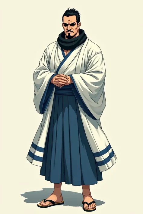 ((Artwork)), (Anime style), (8K), (blind man), (alone), short black hair, blind, with a vertical cut scar on his face, big nose, with a black goatee, thick eyebrows, wearing a white kimono with blue stripes, wearing a black scarf, wearing wooden sandals, s...