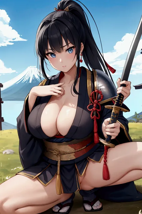 (Japanese women)、(Warrior Princess)、(Goddess of War)、(Black Hair)、(ponytail)、((Old Japanese Armor))、((Holding the Japan sword))、((Squat))、((Leg spread))、(True to prompts)、(Deluxe)、(Glaring with sharp eyes)、(Super big breasts),(battlefield)、(grassland)、((A ...