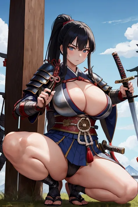 (Japanese women)、(Warrior Princess)、(Goddess of War)、(Black Hair)、(ponytail)、((Old Japanese Armor))、((Holding the Japan sword))、((Squat))、((Leg spread))、(True to prompts)、(Deluxe)、(Glaring with sharp eyes)、(Super big breasts),(battlefield)、(grassland)、((A ...