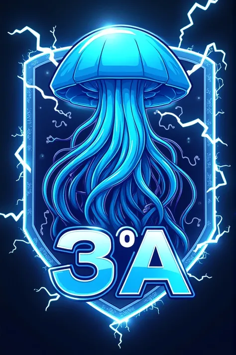 Imagine a shield for school games, where the mascot is an imposing blue jellyfish, radiating an aura of electricity. Jellyfish must be central, with its long, sinuous tentacles, emitting sparks and electric rays that spread across the bottom of the shield....