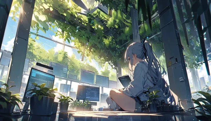 Beautiful office、Woman from behind、programming、bright、Sharp light source、Foliage plant、noon、Good weather、Clear skies