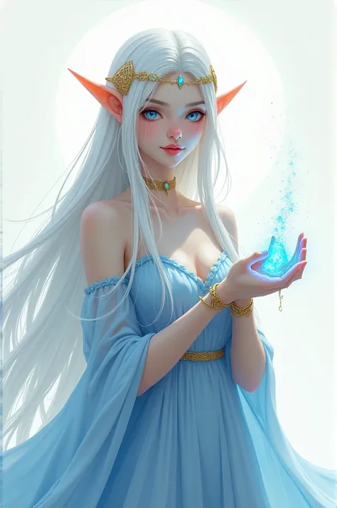 digital art, with few lines, few strokes, ART 2.5d

a figure with an elven appearance, beautiful and majestic. Her white hair is long over her shoulders, her eyes are blue, and she is dressed in a delicate blue dress 
golden accessories on the body and hai...