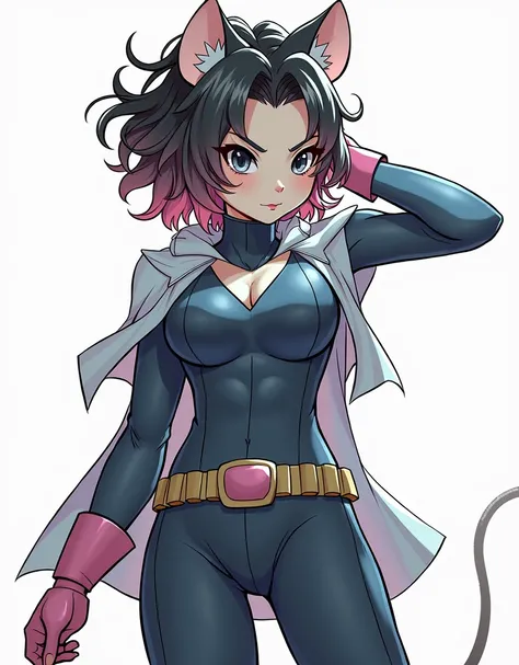 mouse ears girl, small mouse ears, curly hair, semi-white hair, semi-pink hair, disheveled hair, white strands, strands, black eyes, skinny girl, latex white suit, hero suit, pink boots with heels, heels, big boobs, mouse tail, half mouse girl, girl, short...