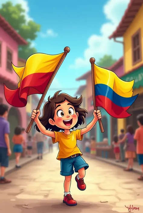 Cartoon of a girl with two flags, one from Colombia and the other from Venezuela
