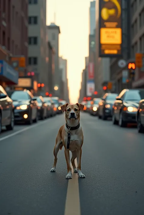 a dog on a leash, positioned in the middle of the street, new york style street, Lonely Street, parked luxury cars, illuminated banner with olive oil advertisements in the background, late afternoon.