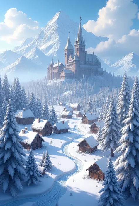 a kingdom of snow shown from above, with several villages and houses, there are many trees covered in snow and a mountain in the distance, with a castle behind her

