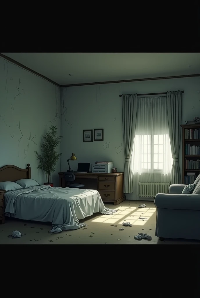 A dimly lit, small apartment room in anime style. The room features a queen-size bed with rumpled sheets and blankets, positioned against a dull, off-white wall with cracks and peeling paint. The window is partially covered by heavy curtains, allowing only...