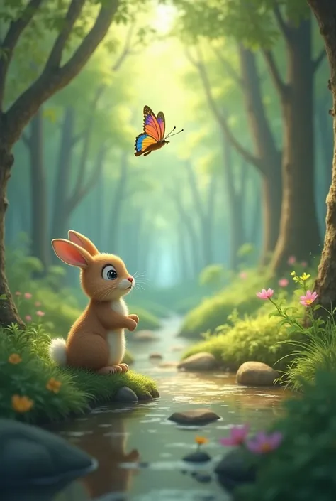 Once upon a time, in a peaceful forest, there lived a little bunny named Benny. Benny was very curious. He loved to explore new places. One sunny day, Benny found a colorful butterfly.