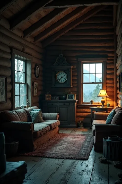 A dimly lit, rustic mountain cabin living room with old family photos, dusty furniture, and an antique clock prominently displayed. The room is illuminated by a flickering lantern, casting eerie shadows across the room.