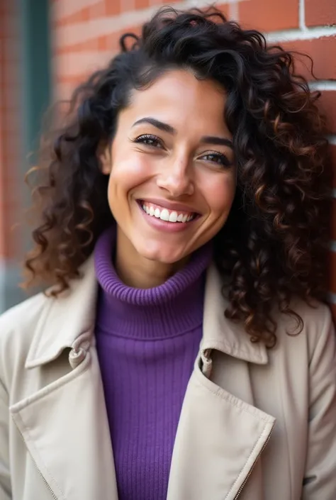 Subject: A woman with a friendly, cheerful expression and curly, shoulder-length dark brown hair.
Clothing: A light-colored jacket or coat and a purple turtleneck sweater.
Background: A brick wall, which could represent an urban or indoor environment.
Ligh...