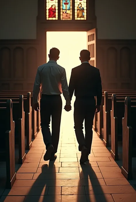 Two men holding hands seen from behind, entering an empty protestant church.