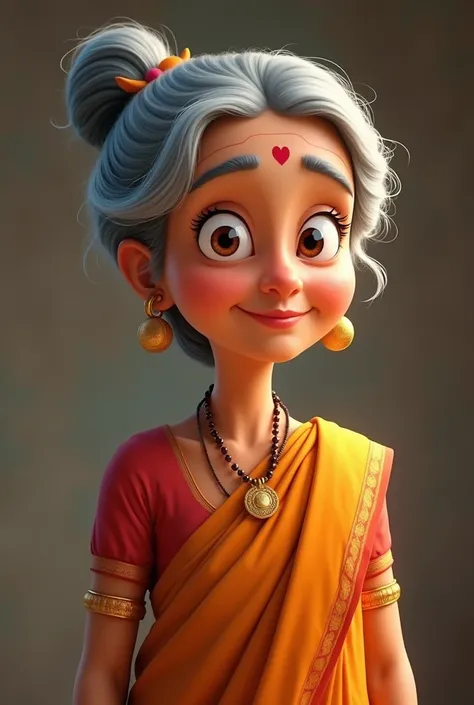 Creat cenematic cartoon style "Saas (Mother-in-law): An elderly, kind-looking woman wearing a simple, traditional saree. She has gray hair tied in a bun and a gentle smile on her face.