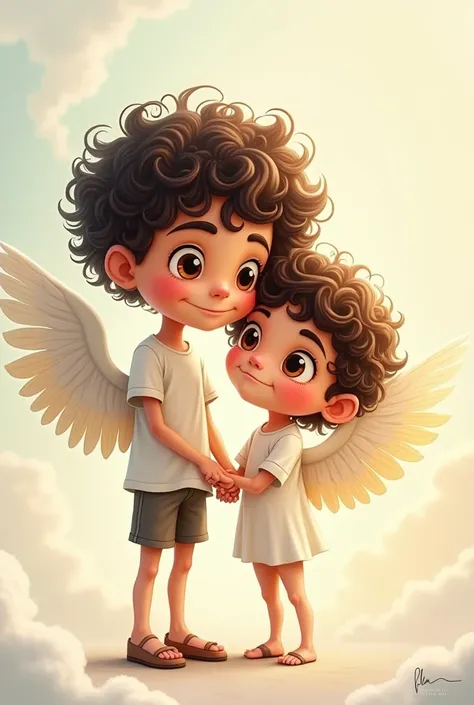 Cartoon of father and son with curly hair, thin and big eyes. The son must be approximately  and the father 2., with angel wings