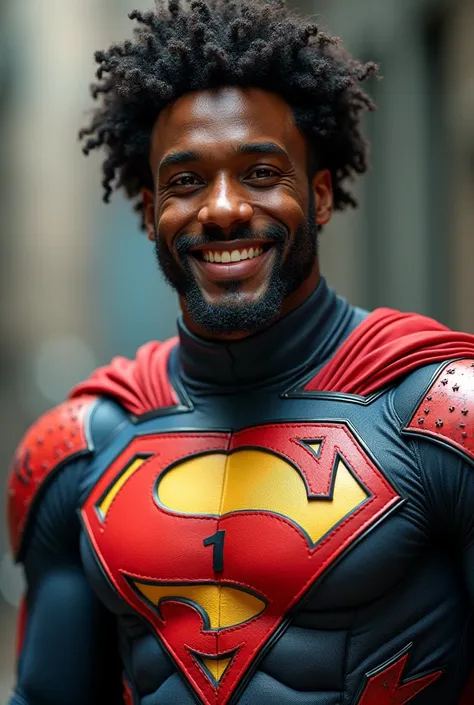 A man with 1,77 he has the number one on his neck he is dark skinned he has curly hair he is wearing a superhero outfit on his clothes he has a big number one on his shirt he has a big smile