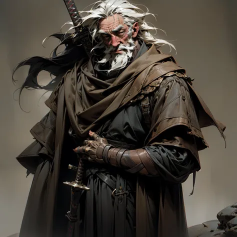 a nomad warrior, extremely detailed portrait, weathered old man with rugged facial features, intense piercing eyes, disheveled long grey hair and beard, tanned leathery skin, worn ragged cloak, carrying a sheathed sword on his back, traveling alone through...