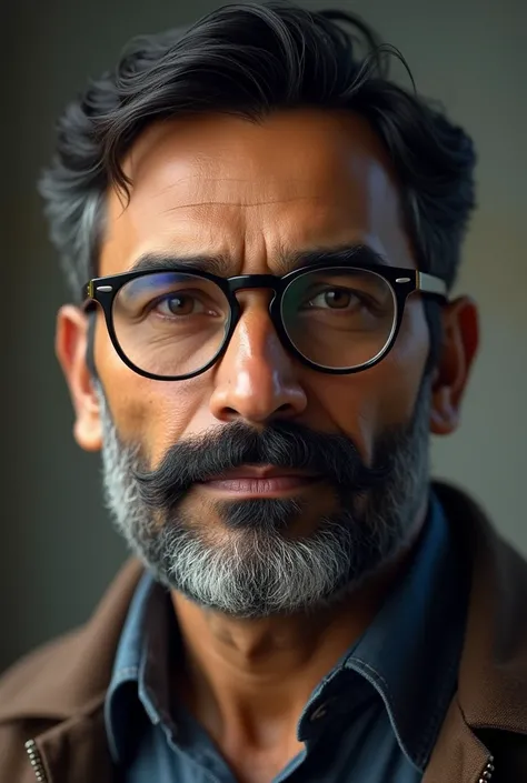 An Indian men in his middle 30  and have glasses and beard and not too old and realistic 