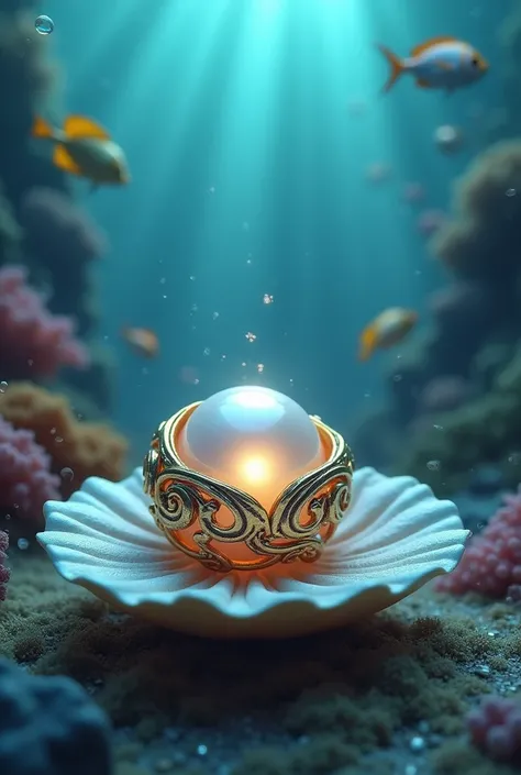 Ring with a pearl inside a shell under the sea