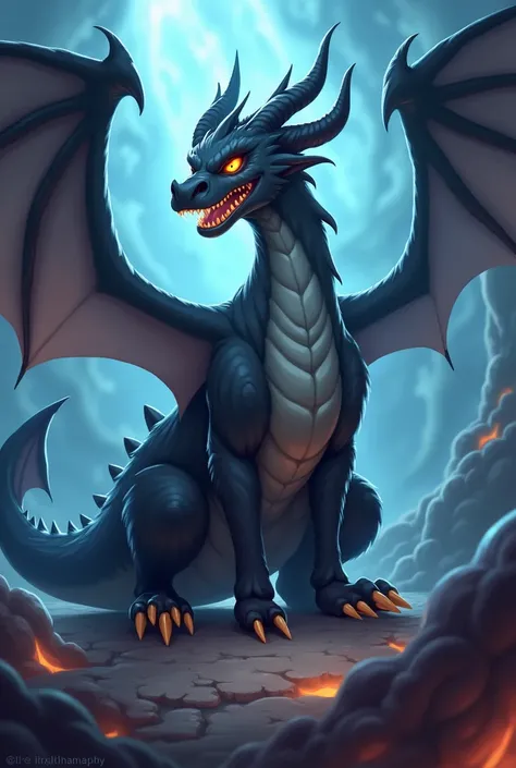 A Black Dragon with Fur on his Wings and Tail and big Fluffy Ears. Hes similar to Beresad from the Kingdom Rush games