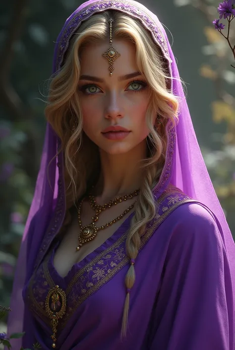 A young woman with a mysterious face, golden hair, purple sari, green eyes, is an Indian princess.