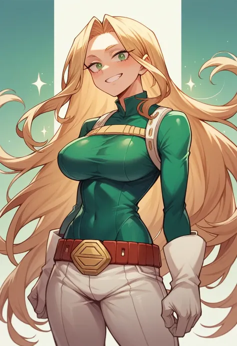 He is a 17 year old teenager, He has very long hair, Brown with green tips, a little disheveled...., somewhat light green eyes, Skinny body, Cara sexy, She is dressed in the male uniform from the anime.. "my hero academia", girl and with slightly large bre...