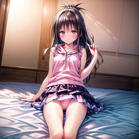 realistically, glowing eyes, ponytail, white short skirt, extra short skirt, Blush, daytime, Wet from the rain, see through, sleeveless shirt, pussy, shy, lying down, skirt lift, mikan yuki, the skirt is flipped up, smug, sly, highest quality, High resolut...