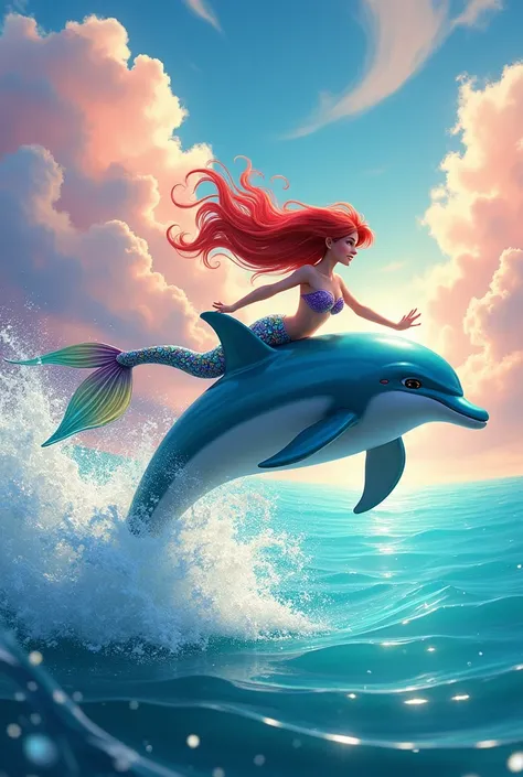 Colorful dolphin jumping in the sea with a colorful mermaid on a very colorful sunny day 