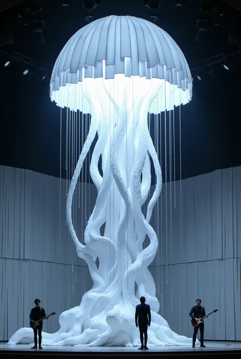 A stage for a band and a white-lit jellyfish made of cardboard on top