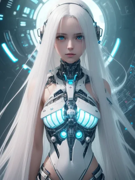 (Best quality, masterpiece, ArtStation, Sci-Fi Art:1.2), a beautiful cute girl, (long messy white hair), (detailed glowing cybernetic body:1.2)