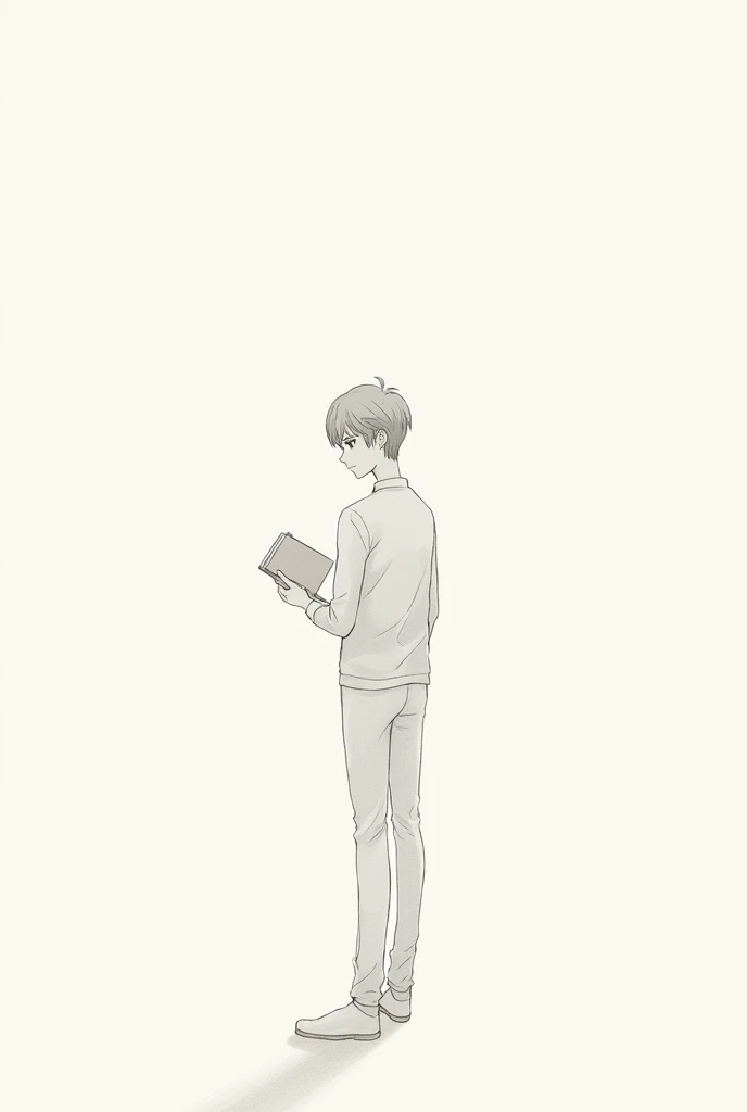 young man standing showing back. he holdings a book in his one hand. sketch 