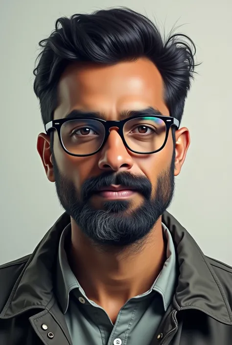 An Indian men in his middle 30  and have glasses and beard and not too old and realistic  who works also and have a very detailed pic that looks like a photo not art and very hyper realistic should look like a real person 