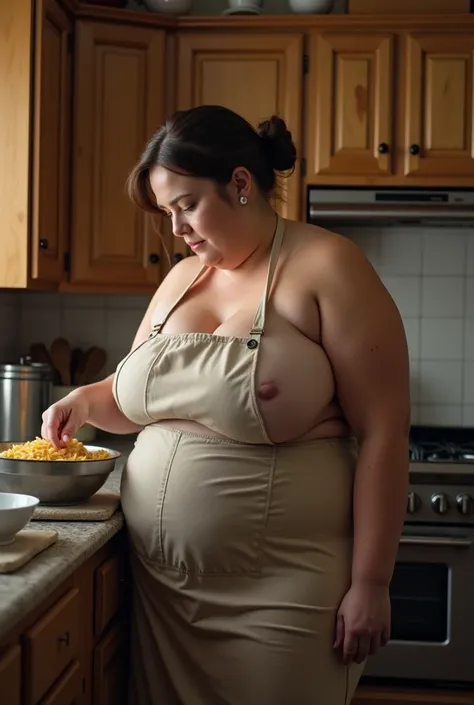 a woman, with a (morbidly obese build), large breasts, bun for hair, cooking, (nude under an apron), being overweight, Working in the kitchen, full body, in kitchen room