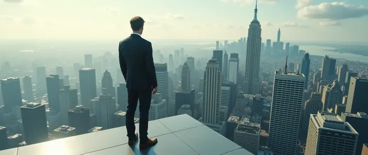 High-quality render of a вид с крыши небоскрёба. First person view of a man standing on the edge of a roof. 