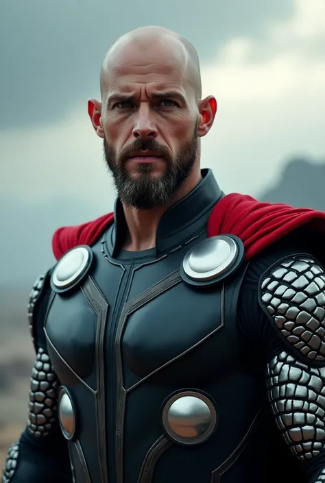 a bald man with a short beard, Thor in a dramatic sci-fi pose, detailed portrait, intricate futuristic armor, cinematic lighting, epic sci-fi landscape, dramatic clouds, volumetric lighting, hyper detailed, photorealistic, 8k, masterpiece