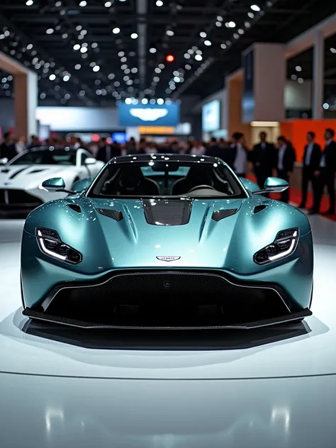 Aston Martin hypercar prototype in auto expo, include hyper realism, hd, 4k.