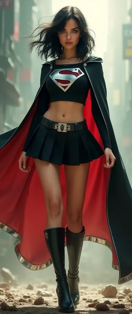 A FULL BODY VIEW OF A SEXY BUSTY TEEN FEMALE WITH DREAMY GREEN EYES AND MEDIUM MESSY BLACK HAIR WEARING A BLACK LONG-SLEEVED SUPERGIRL CROP=TOP WITH A METALIC SILVER "S" EMBLEM ON THE CHEST, A SHORT BLACK PLEATED SKIRT WITH A SILVER BELT, BLACK HIGH HEELED...