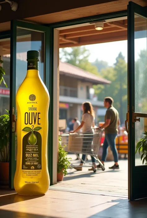 an inflatable olive oil bottle, at the door of a supermarket, customers entering with the shopping cart, big doors, photo taken from the outside, sunshine light, high qualiy