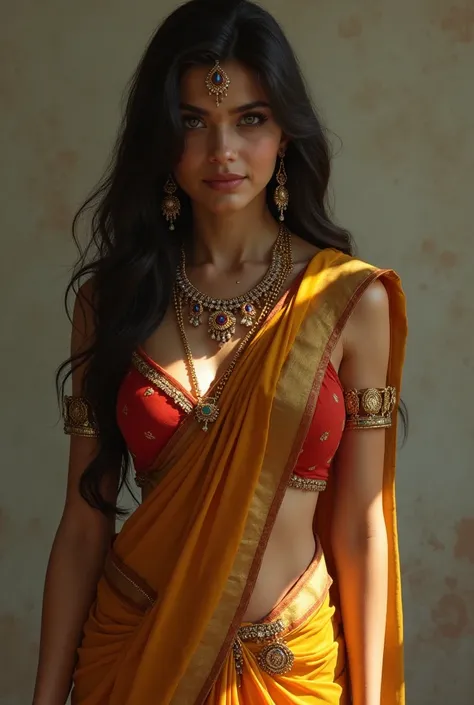 1 girl in, 20 year, standing alone, long hair, Indian, looking ahead at viewer, hair Brunette,  greeneyes, jewerly, whole body, a necklace, Saree, realisitic, A sexy, big boobies
