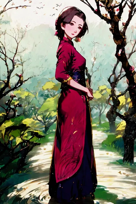 Young woman. One hand on the waist. The other hand was throwing gold coins. She is wearing a cheongsam. She is standing on the left side of the picture, behind her is a willow tree. Next to the tree is an old house.
