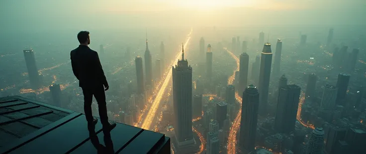 High-quality photograph of a вид с крыши небоскрёба. First person view of a man standing on the edge of a roof. Cinematic light,