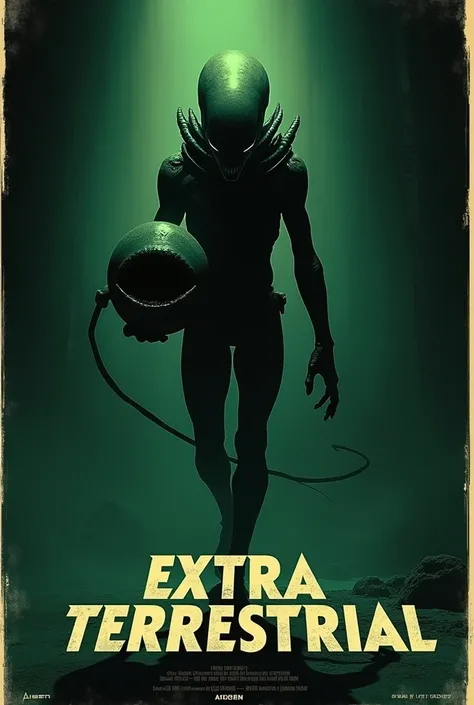 A poster for a movie from the eighties that looks like the Alien poster, that carries an egg with an opening in the back in the form of lips, The entire poster is in black and green and has the word Extraterrestrial as its title. 
