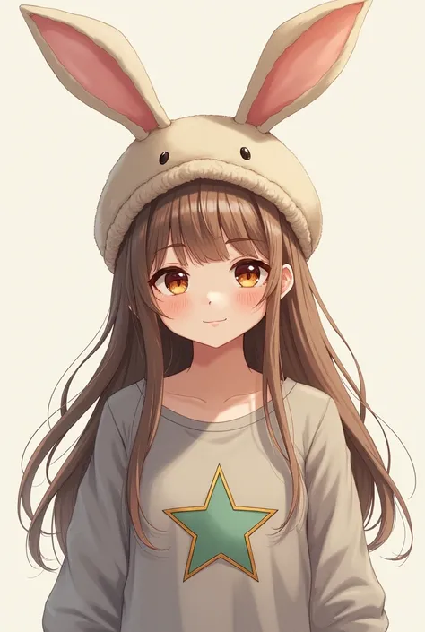 a girl with long hair and a bunny hat wearing a grey shirt with a star 