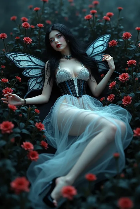 high details, best quality, 16k, RAW, [best detailed], masterpiece, best quality, (extremely detailed), full body, ultra wide shot, photorealistic, dark fantasy art, goth art, RPG art, D&D art, a picture of a dark female fairy resting in a flower meadow, e...