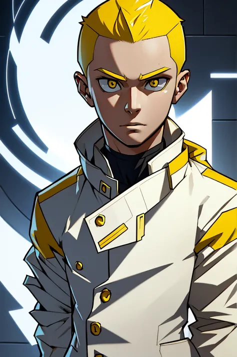 boy, shaved hair, sharp eyes, yellow eyes, standing position, white coat, best quality, expressive eyes, perfect face, full shot, masterpiece, 4K, 8K