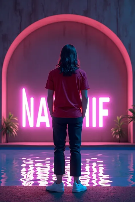 Create a 3D illustration for a profile picture where a 38 year old “Man”,With a long wavy hair, in a red shirt, in a black trousers,wearing sneakers a white, he look ahead to alake under a bridge, the background features “Naathif” in big and capital letter...