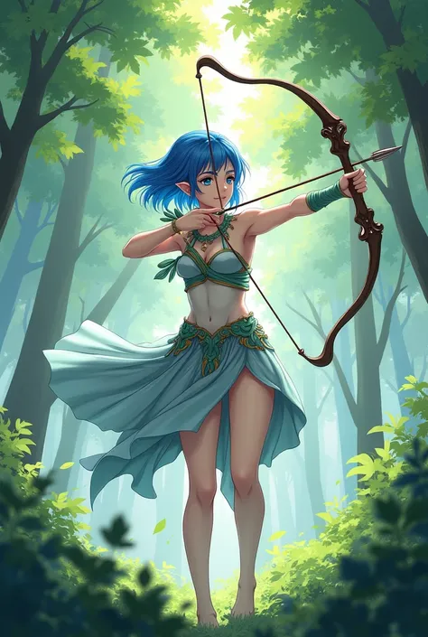 Create an anime-style elf with short, shoulder-length hair in blue, blue eye, holding a bow and arrow