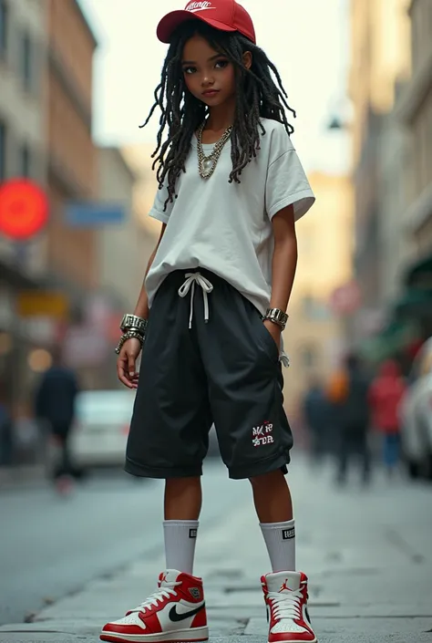 Tomboy girl with dreadlocks wearing tracky short, t-shirt, cap, ice chain and long white socks with air jordan shoes