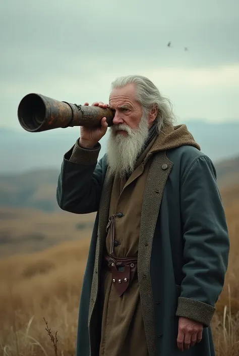 a man of about 2 with an old telescope that can see good and evil