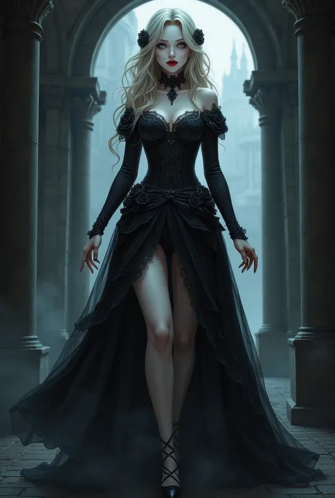 Dark anime fantasy art, fantasy art, goth art,  a picture of a female vampire, exquisite beauty, full body shot, dark glamour shot,  pale white skin, dark blond hair, long hair, wavy hair, blood red lips, glowing grey eyes,  she  wears a (white lace dress:...