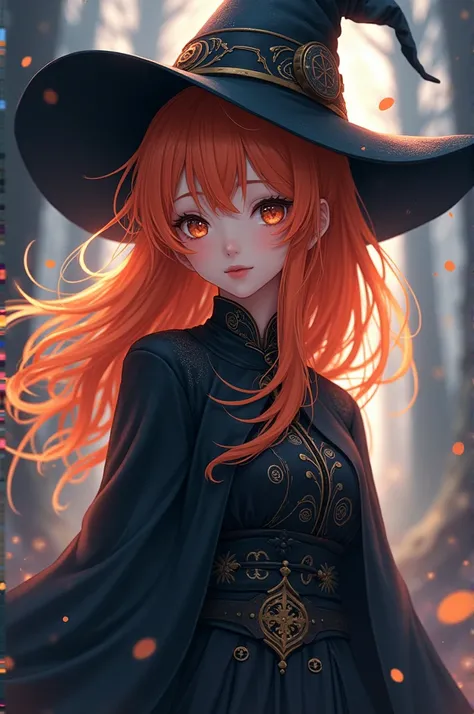 A young and pretty teenage girl dressed as a witch with anime style orange hair 